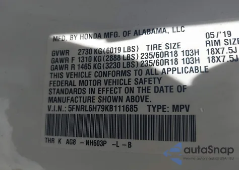 2019 Honda Odyssey Ex-L z USA, uszkodzony, nr VIN 5FNRL6H79KB111685